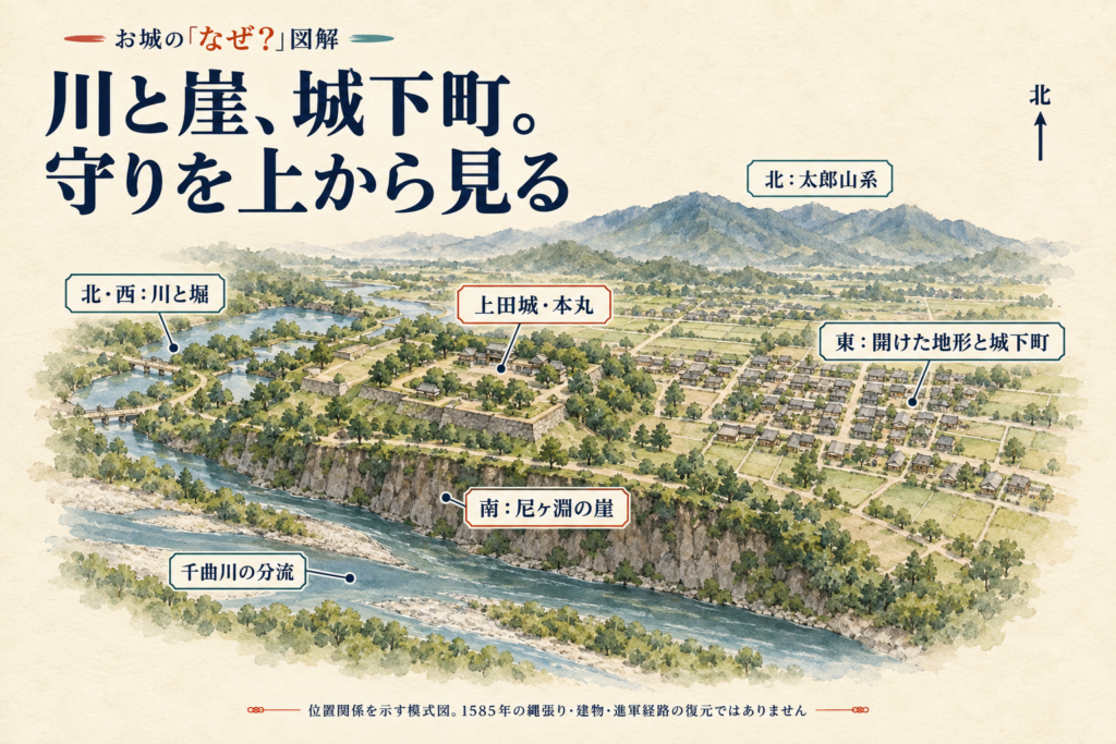 上田城と城下町、南側の崖と川、北・西の水路を俯瞰した模式図。部隊配置・進軍経路・距離・高低差の復元ではありません。