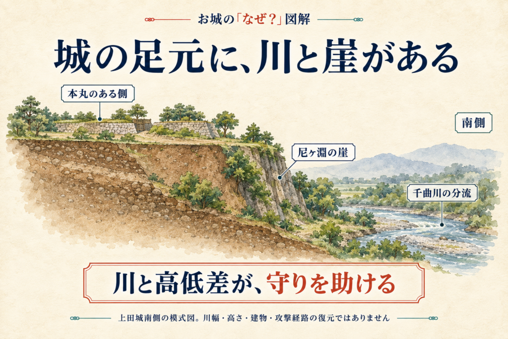 本丸が崖の上にあり、南側の千曲川の分流と高低差が守りを助けることを示す断面の模式図。