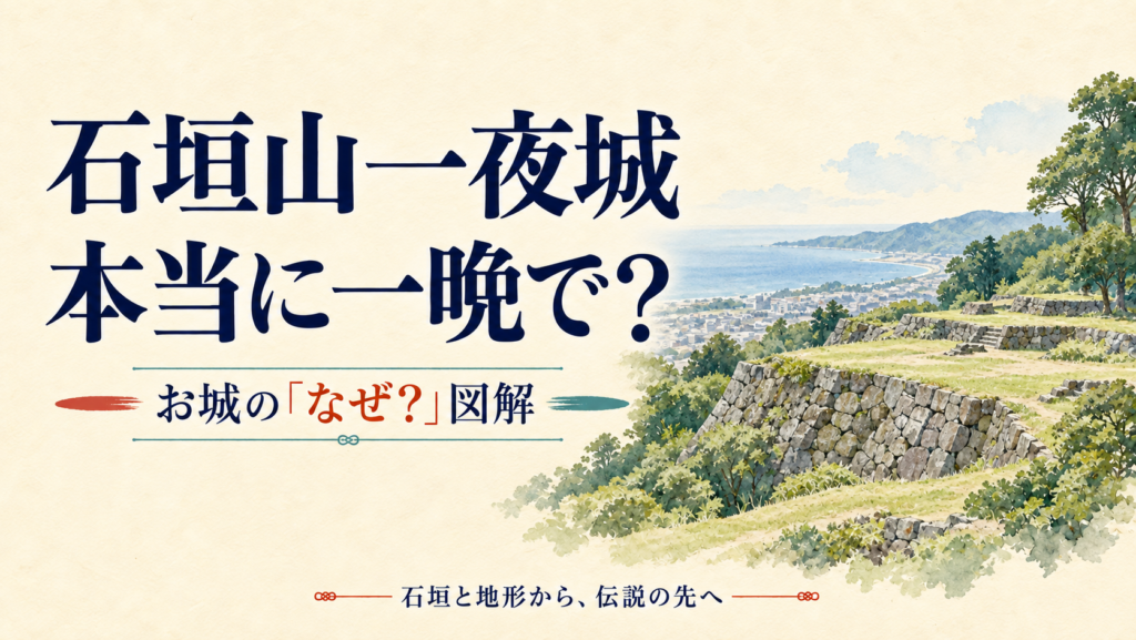 石垣山の石垣と小田原側の景色を描いた水彩表紙。一夜城は本当に一晩で建ったのかという問い。