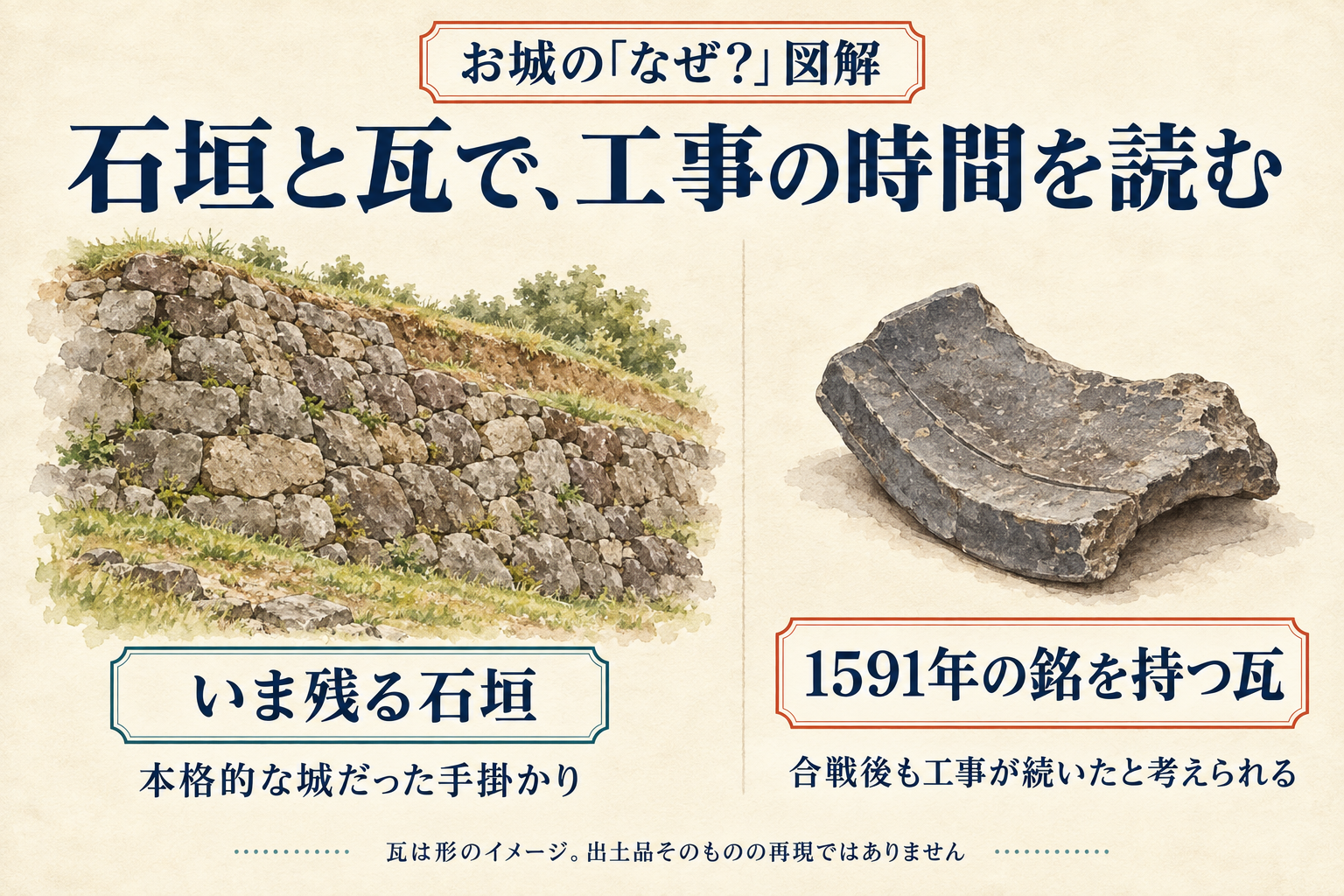 残る石垣と1591年の銘がある出土瓦から読み取れることを並べた図。