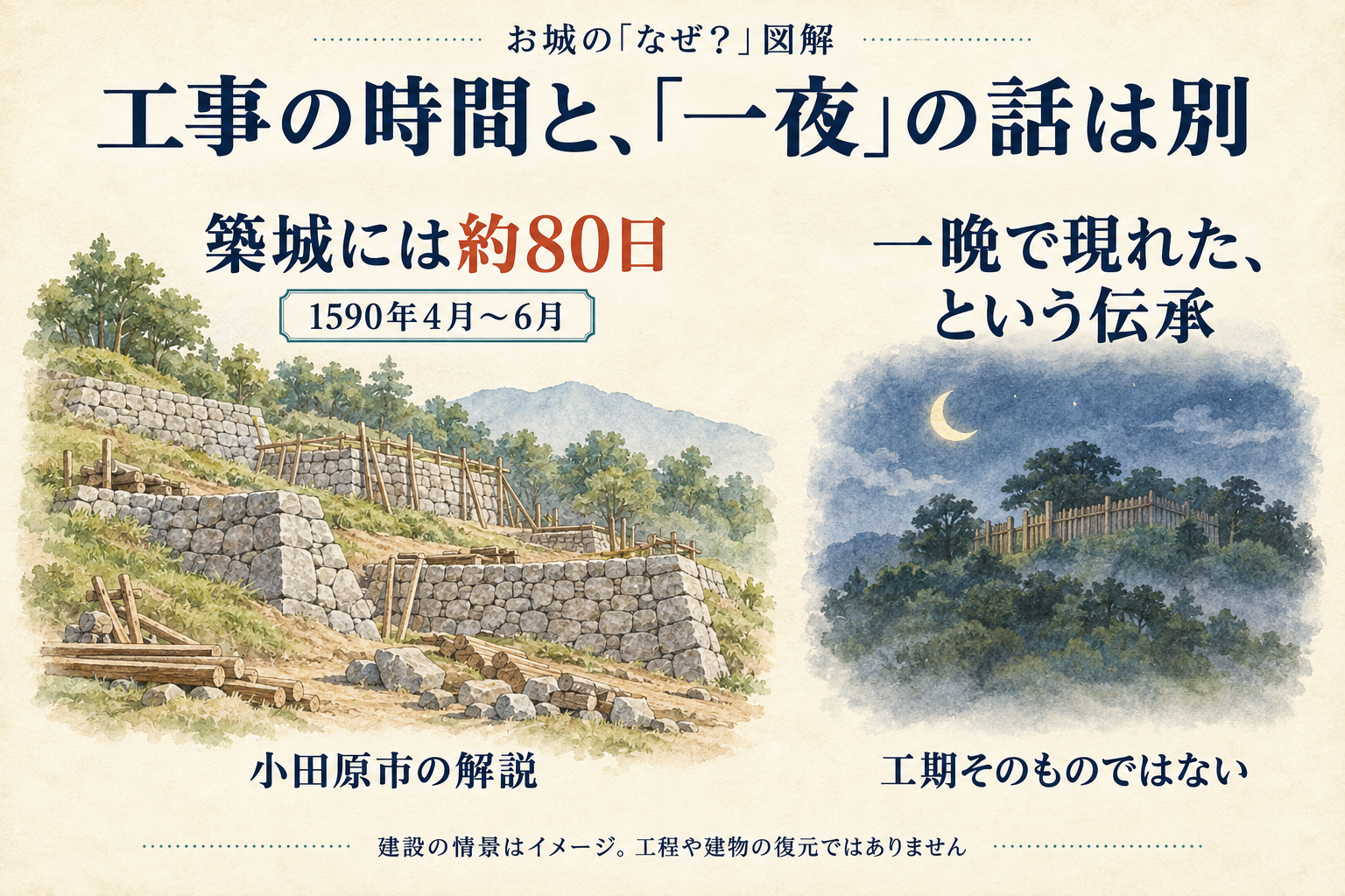 約80日に及ぶ1590年4月から6月の築城と、木を切り城を突然見せたという伝承を分けた図。
