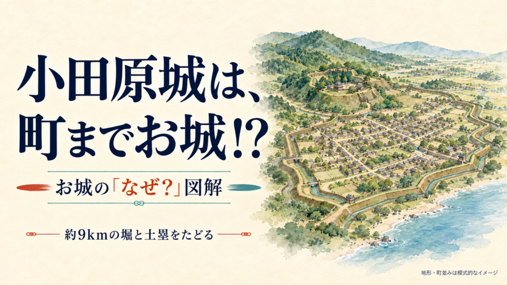 町と丘陵を囲う小田原城の総構を描いた水彩表紙。
