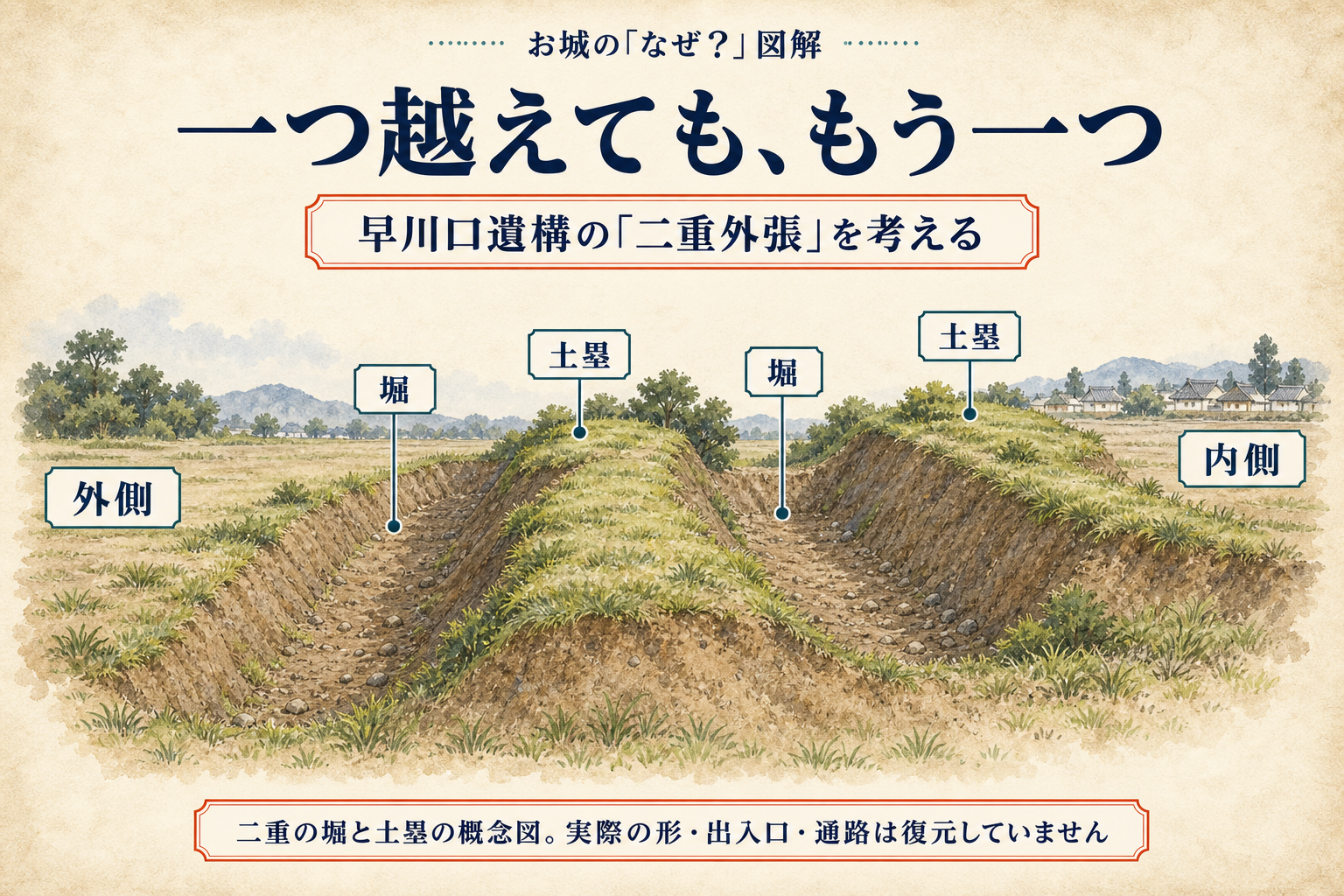 早川口遺構の二重外張を考えるため、堀と土塁をそれぞれ二つ並べた模式図。