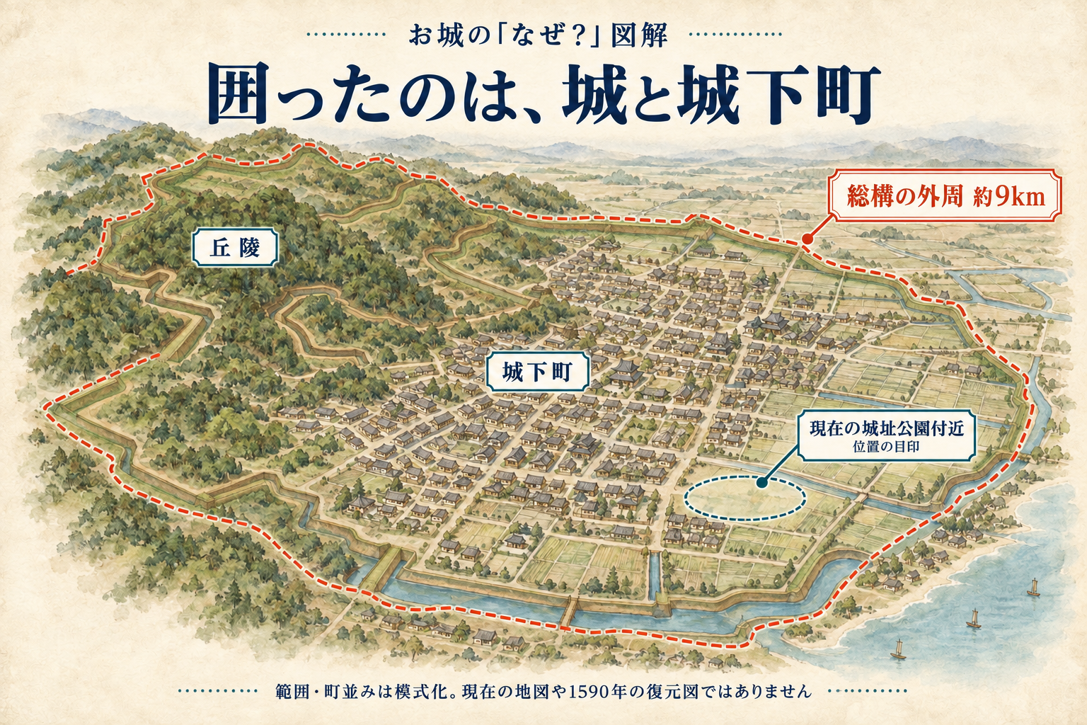 現在の城址公園付近を目印に、城下町と丘陵を囲う全長約9kmの総構を示した俯瞰図。