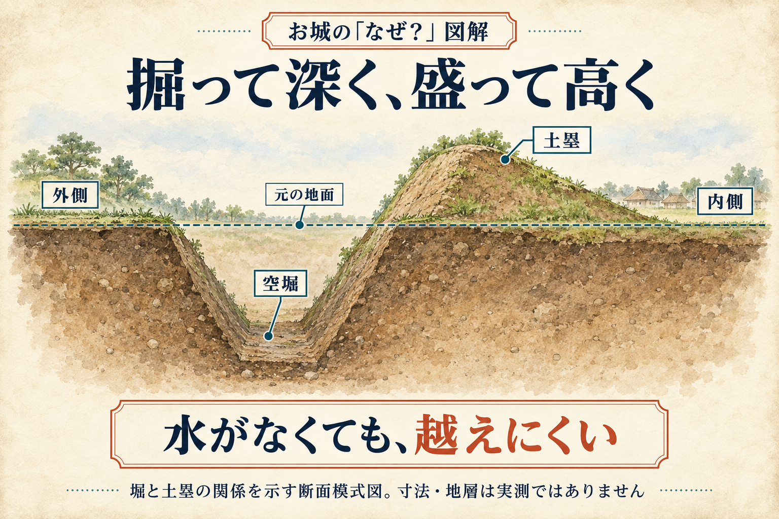 外側の空堀と内側の土塁が高低差をつくることを示した断面図。