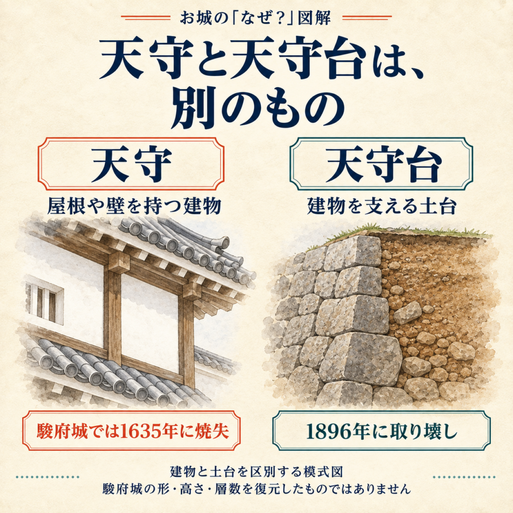 屋根や壁を持つ天守と、建物を支える天守台を区別する模式図。駿府城では天守が1635年に焼失し、天守台が1896年に取り壊されました。駿府城の形・高さ・層数の復元ではありません。
