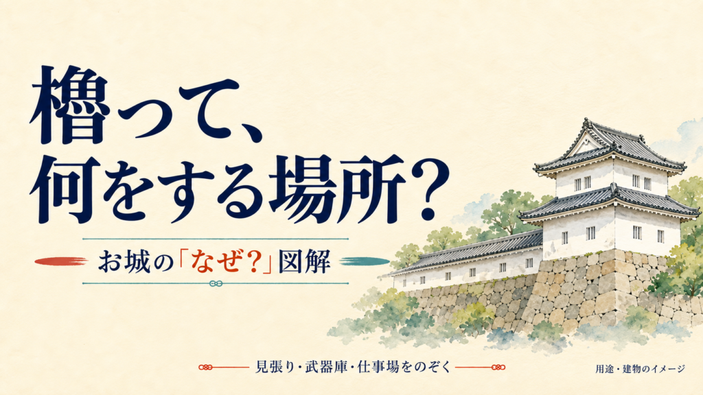 櫓って、何をする場所？という問いと隅櫓・多聞櫓を描いたAI生成の表紙。特定の城の復元ではありません。