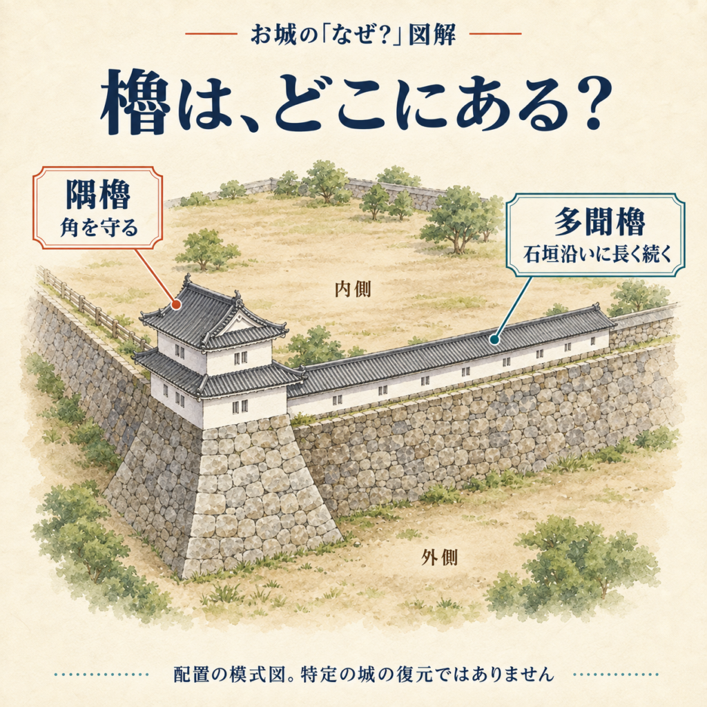 城の角に隅櫓、石垣沿いに多聞櫓が建つ配置の模式図。内側と外側を示しています。特定の城の復元ではありません。