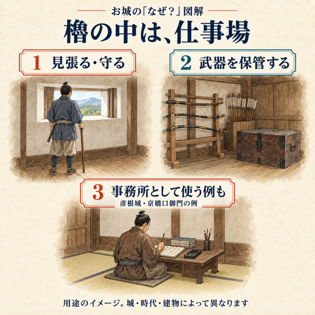 櫓の用途を見張り、武器の保管、事務所の三場面で示すAI生成図。彦根城の京橋口御門には人事管理の事務所の例があります。実際の間取りや仕事風景の復元ではありません。