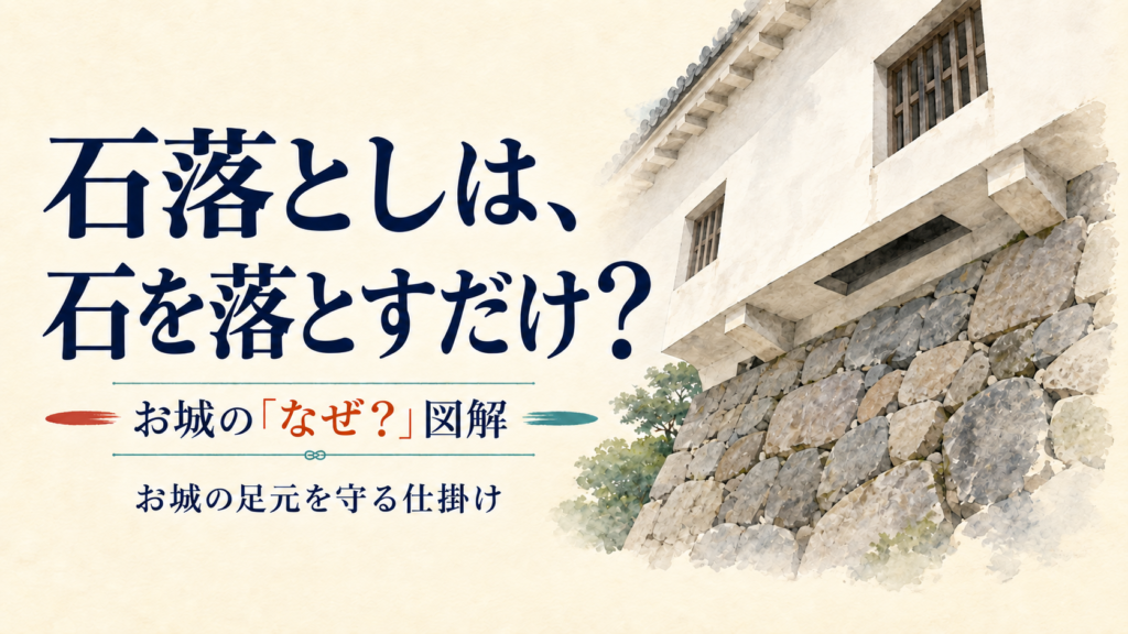 石垣の上の城壁が張り出し、その下面に横長の穴があることを下から見上げた表紙。