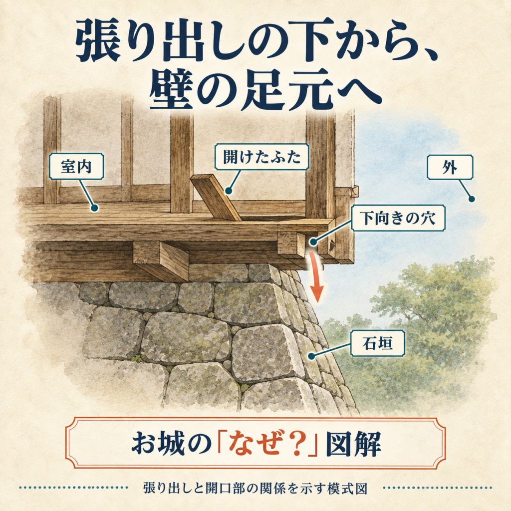 室内から外へ張り出した床の開口部と開いたふた、下に続く石垣、穴から下方への向きを示す模式図。