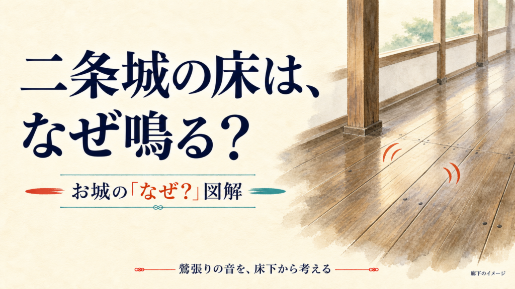 二条城の鶯張りを題材に、木造の廊下と床からの音を描いた表紙。廊下のイメージ。