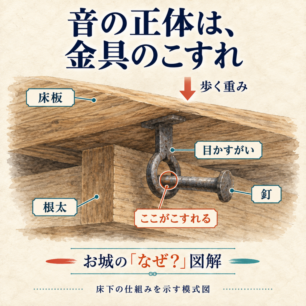 床板に取り付く目かすがいと、根太側の釘が接してこすれる部分を大きく示した鶯張りの模式図。