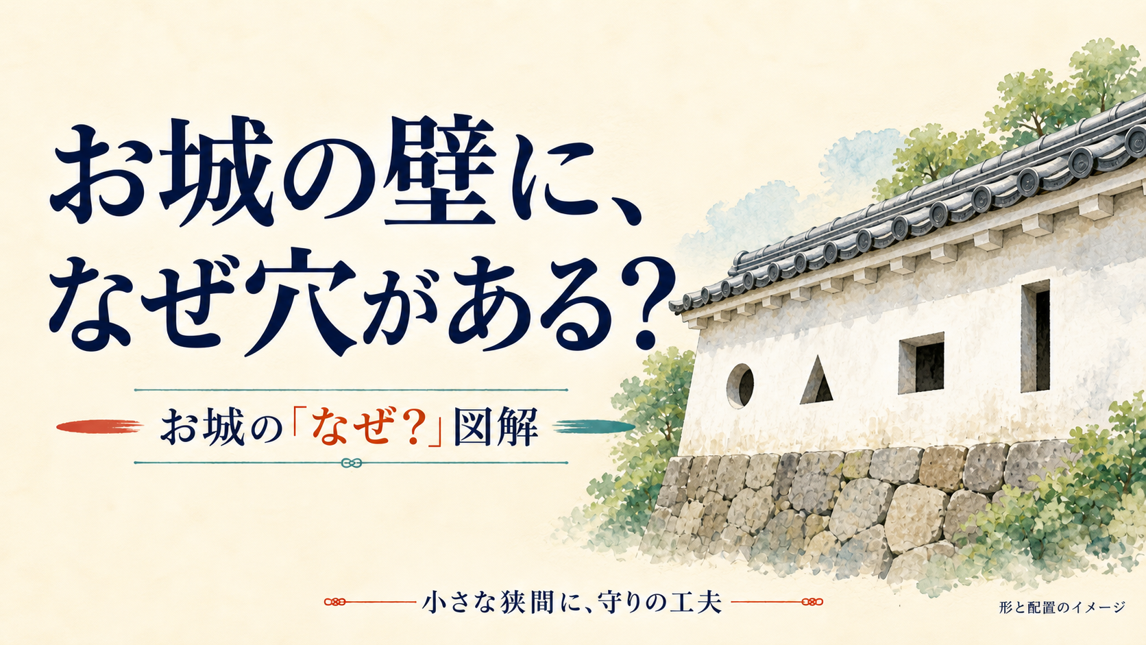 白い土塀に丸・三角・正方形・縦長の狭間を描いた表紙。形と配置のイメージ。