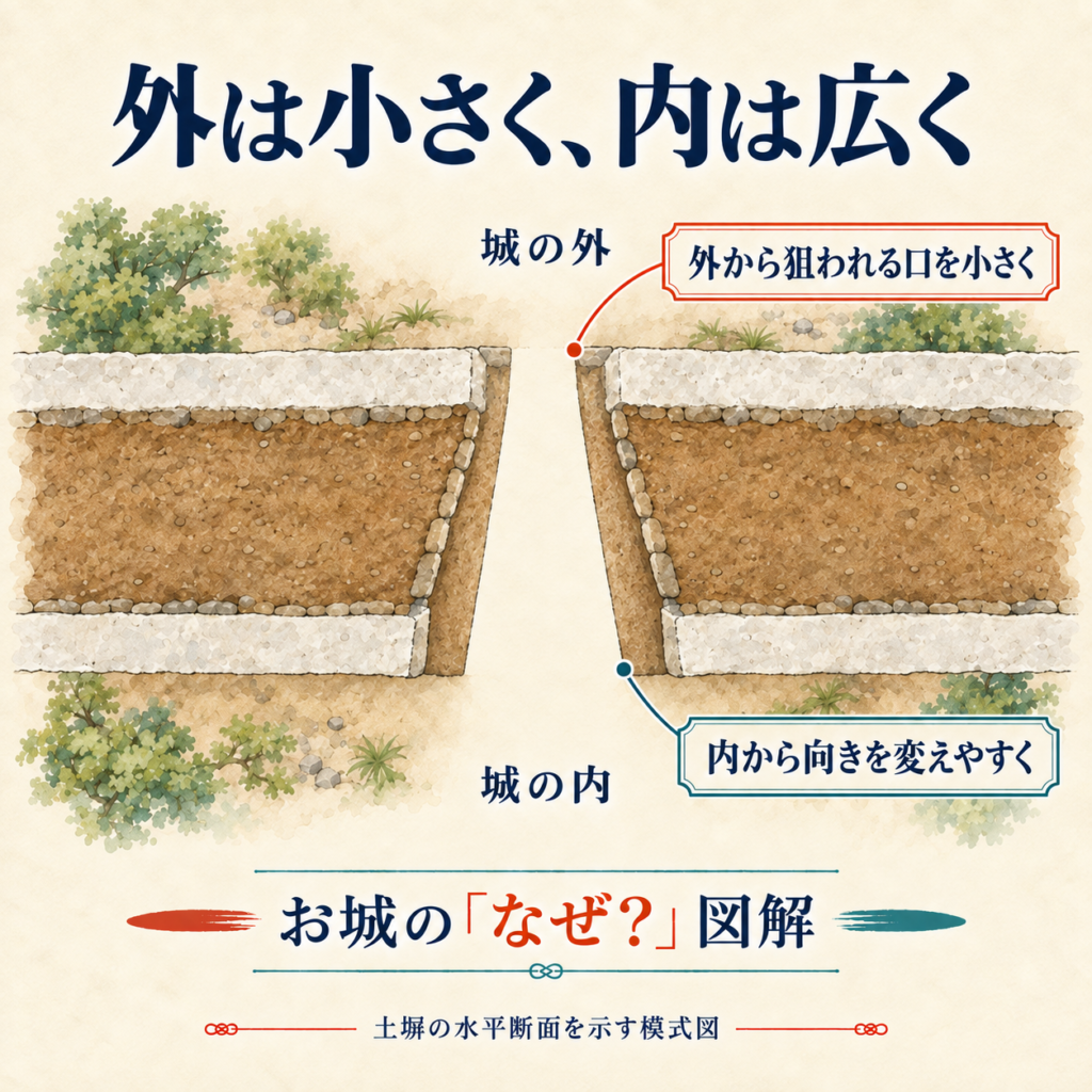 土塀の狭間を上から見た水平断面。城の外側は狭く、内側は広がり、内から向きを変えやすいことを示す。