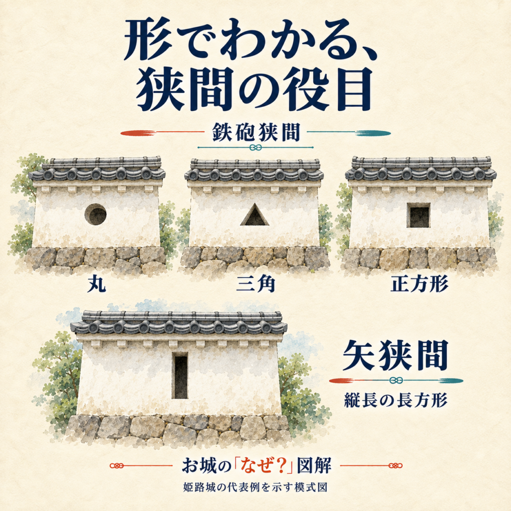 姫路城の代表例として、丸・三角・正方形を鉄砲狭間、縦長の長方形を矢狭間として比較した模式図。