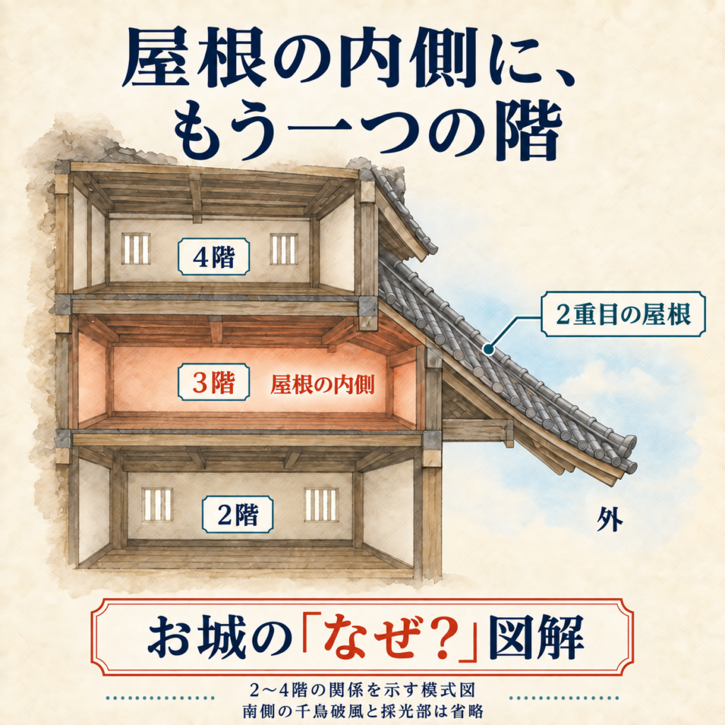 下から2階、3階、4階を並べ、3階を2重目の屋根が囲む関係を示す部分断面図。南側の千鳥破風と採光部は省略。