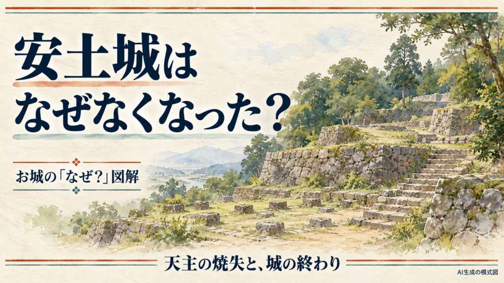 安土城の消失を問う文字と、石垣・石段・礎石の残る城跡を水彩で示した表紙