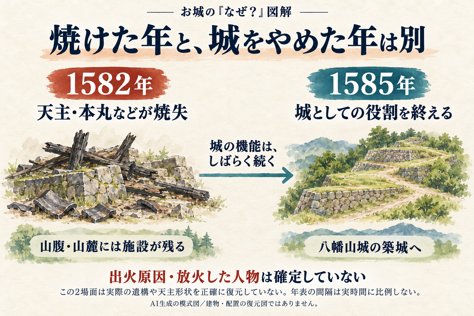 1582年の天主・本丸などの焼失と1585年の廃城を分け、焼失後も城の機能が続いたことを示す図
