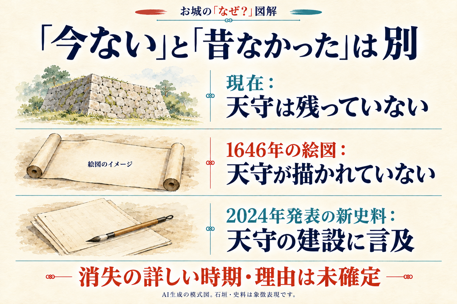 現在は天守が残らないこと、1646年の絵図に天守が描かれないこと、新史料が建設に言及することを分けた図