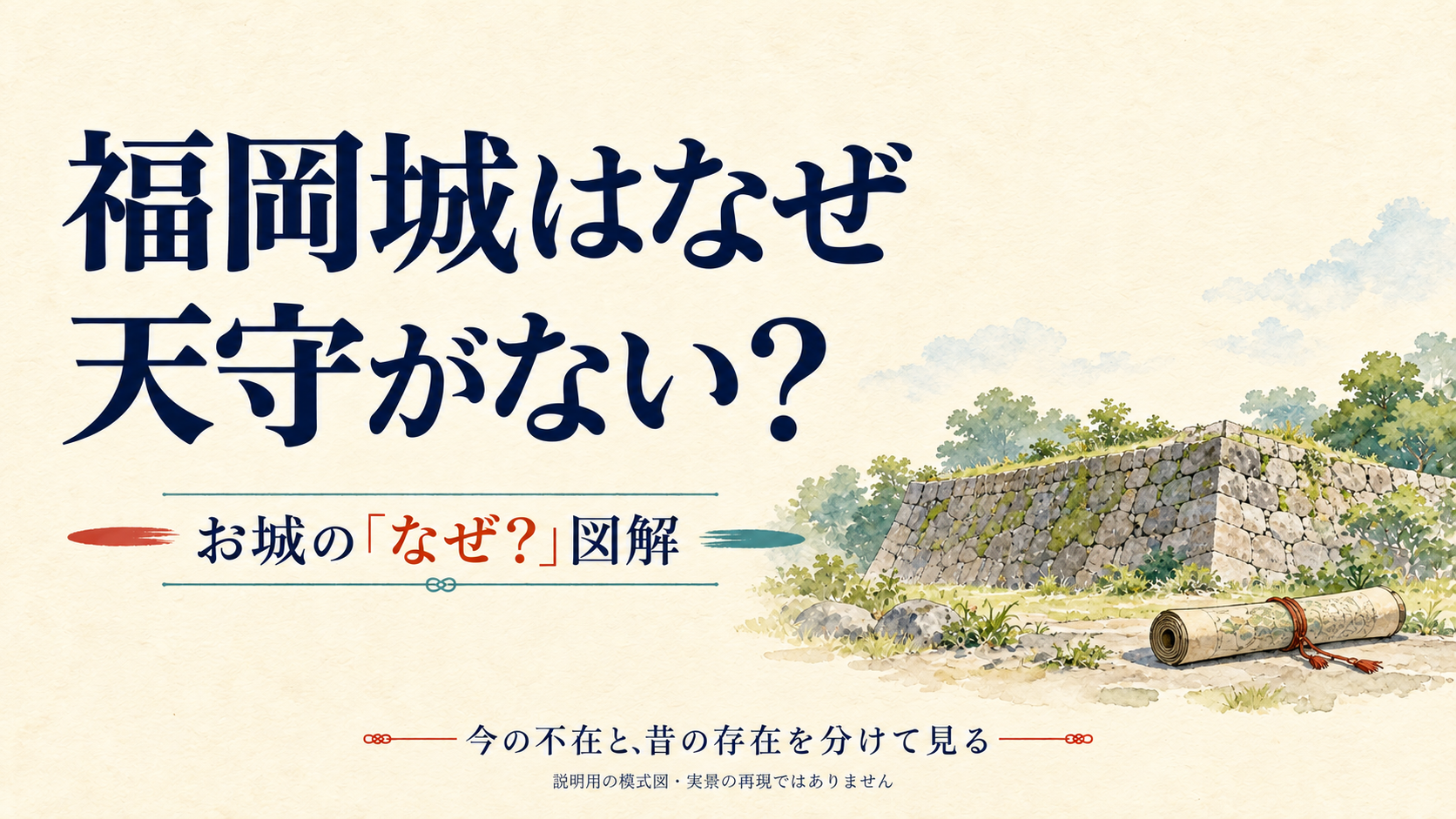 福岡城に天守がない理由を問い、建物のない石垣と巻物を象徴的に描いた表紙