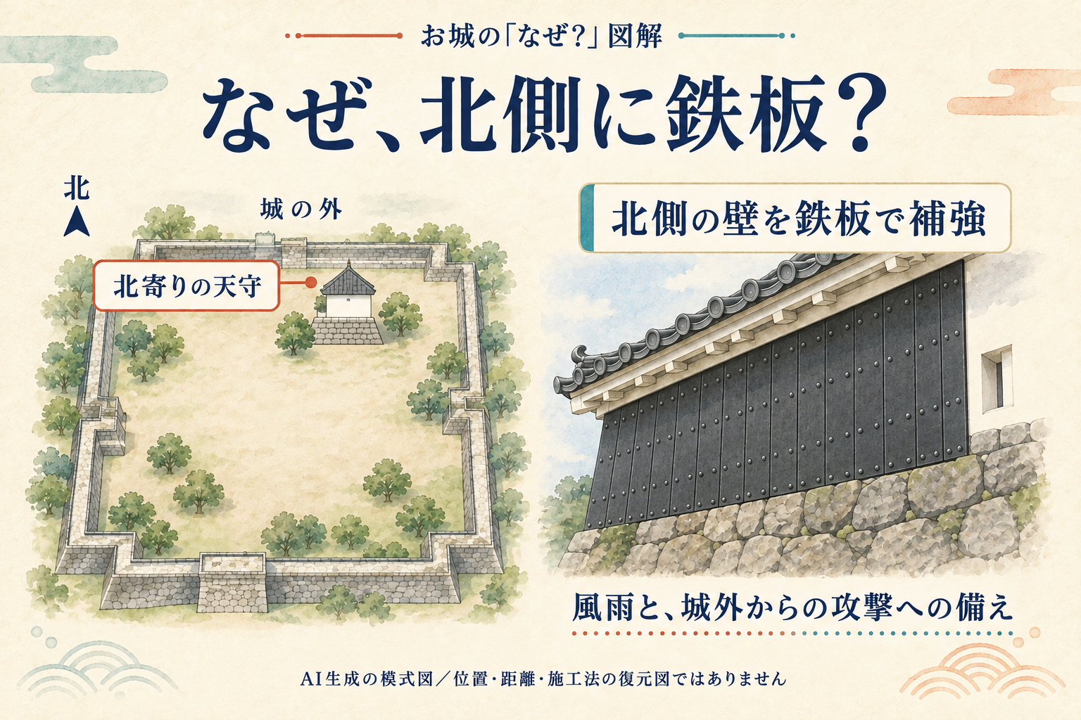 左に城域の北寄りにある天守の位置関係、右に隙間なく並ぶ黒い鉄板で壁を補強するイメージを示す模式図