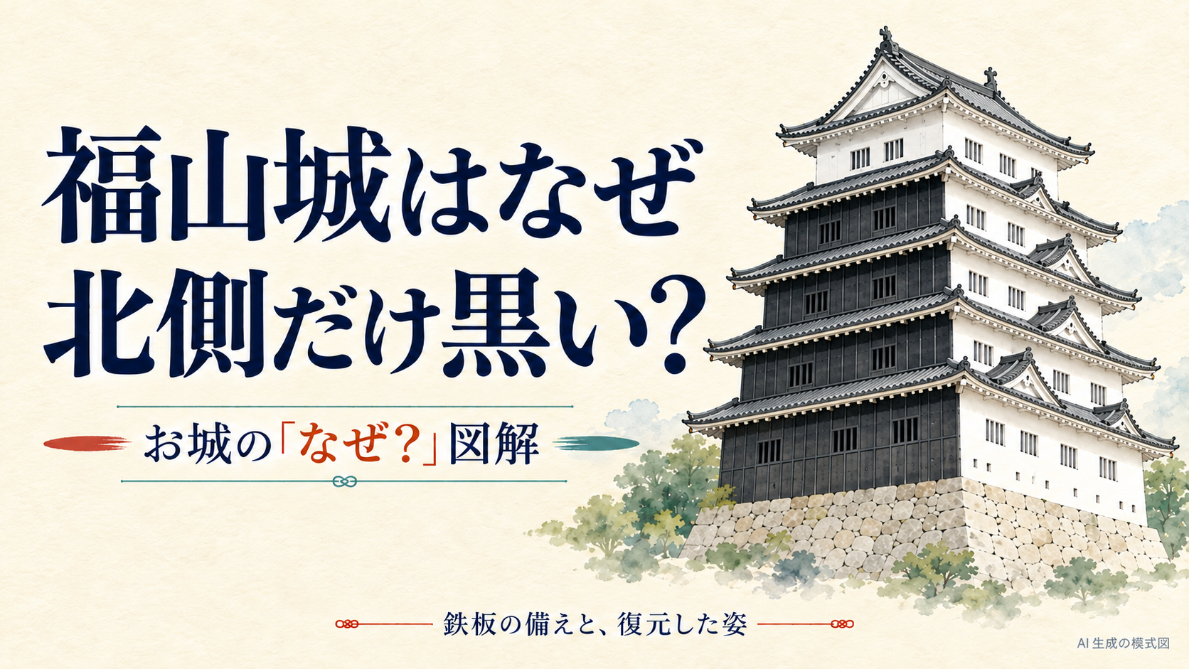 福山城をイメージした五層天守の黒い北面と白い隣接面、白い最上層を示した水彩の表紙