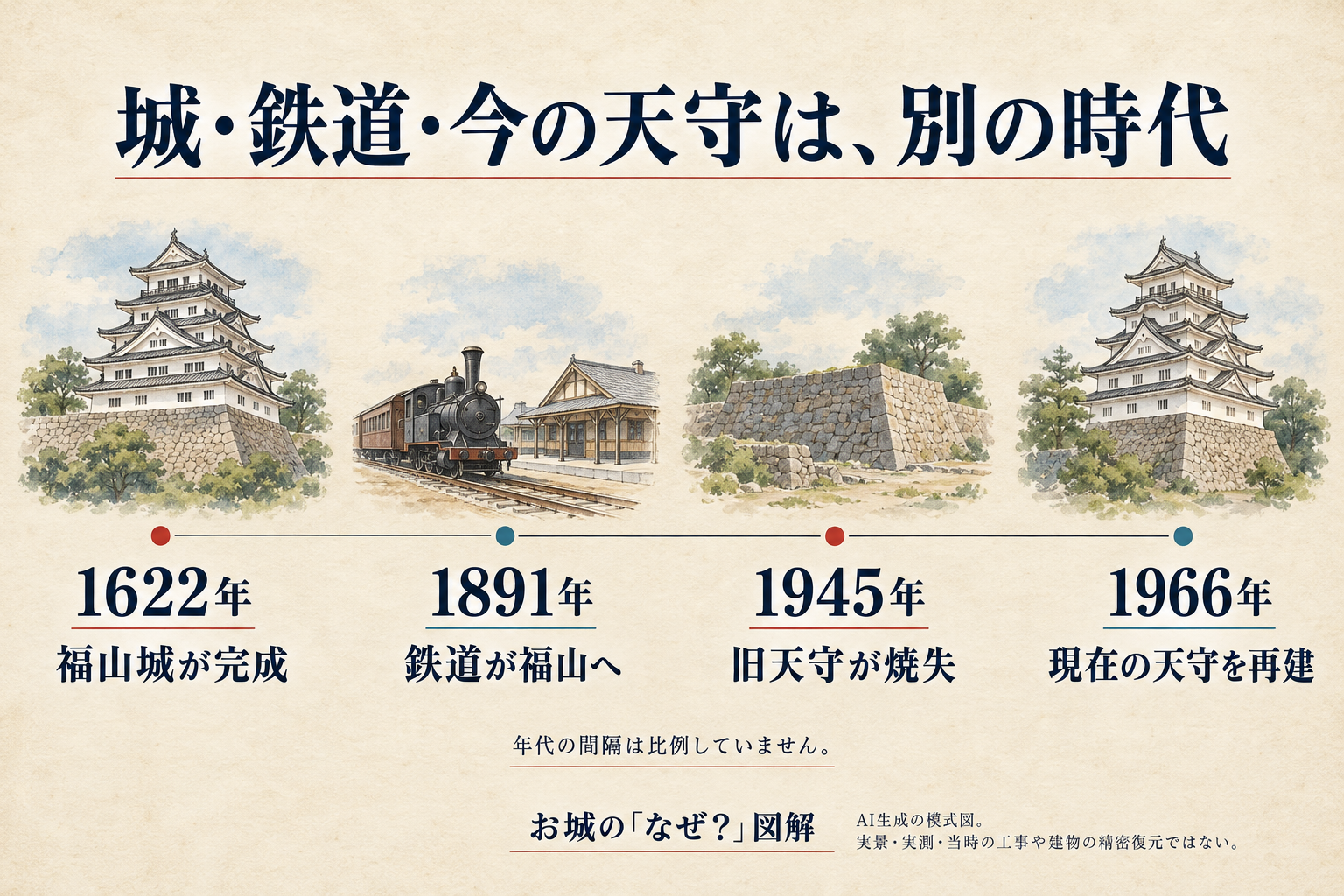 1622年の福山城完成、1891年の鉄道到達、1945年の旧天守焼失、1966年の現在天守再建を分けた年表