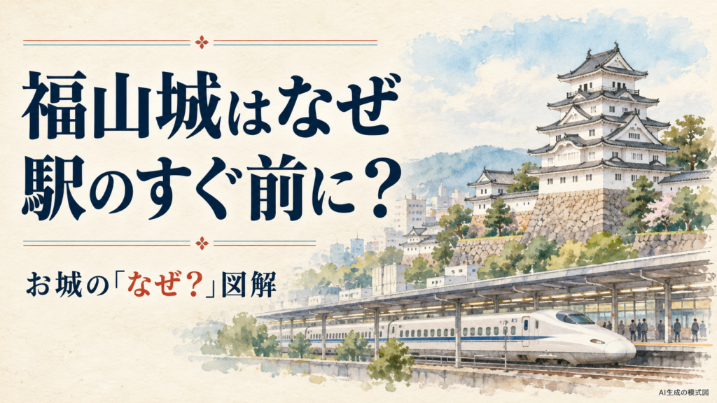 福山城を象徴する白い天守と手前の駅・新幹線、駅のすぐ前にある理由を問う表紙