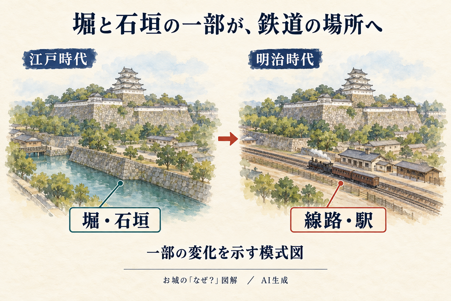江戸時代の堀と石垣の一部が、明治時代に線路と駅の場所へ変わる関係を左右で示す図