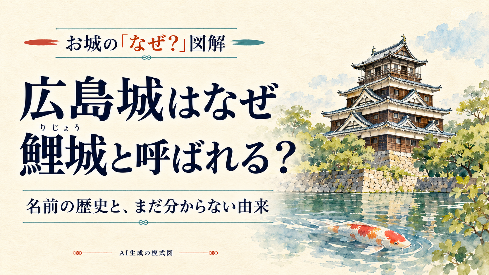 広島城の別名「鯉城」を問う表紙。天守と鯉は象徴的なイメージで、命名の理由や実景を示すものではない。