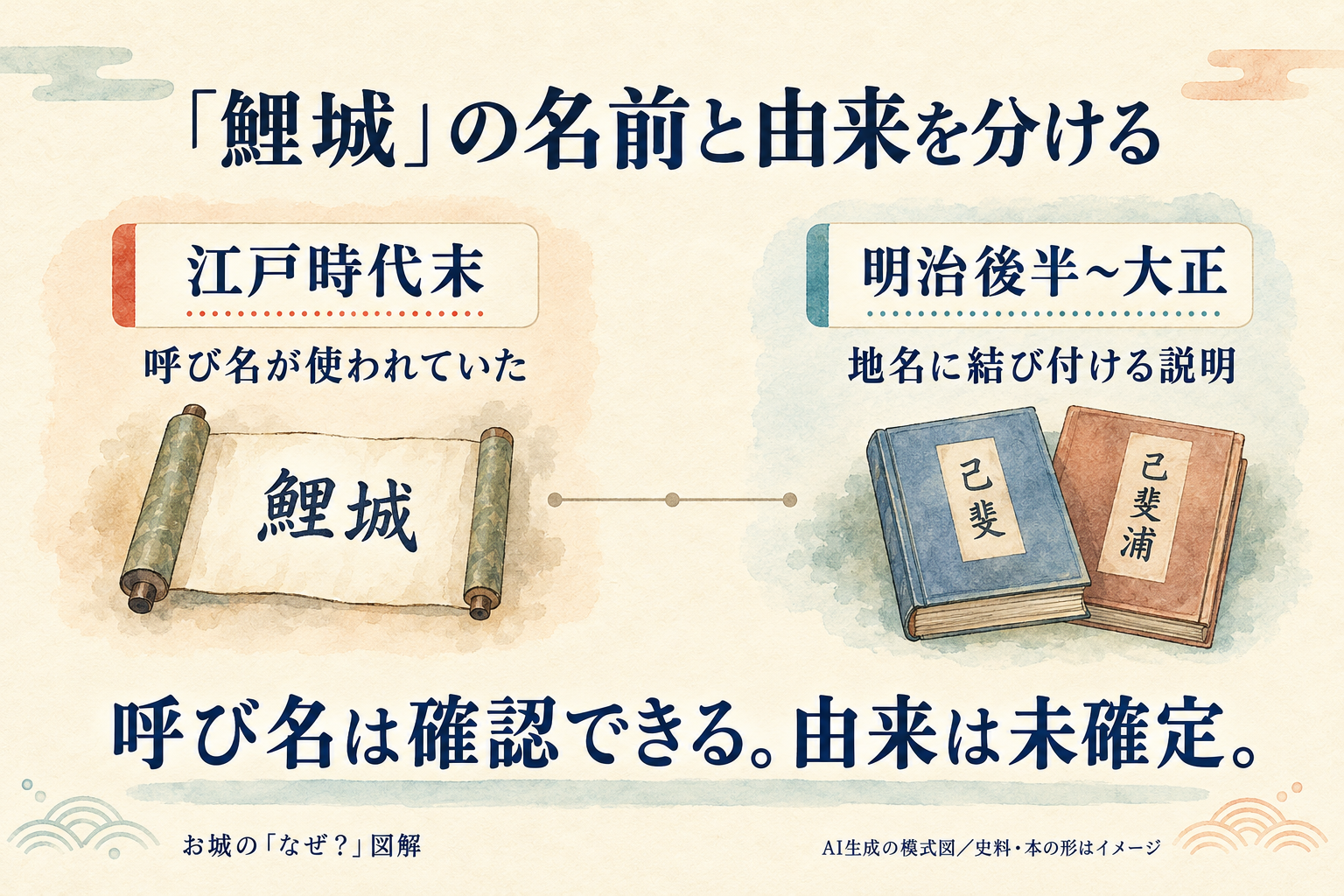 江戸時代末の「鯉城」という呼び名の記録と、明治後半から大正の地名に結び付ける説明を分けた図。由来は未確定。