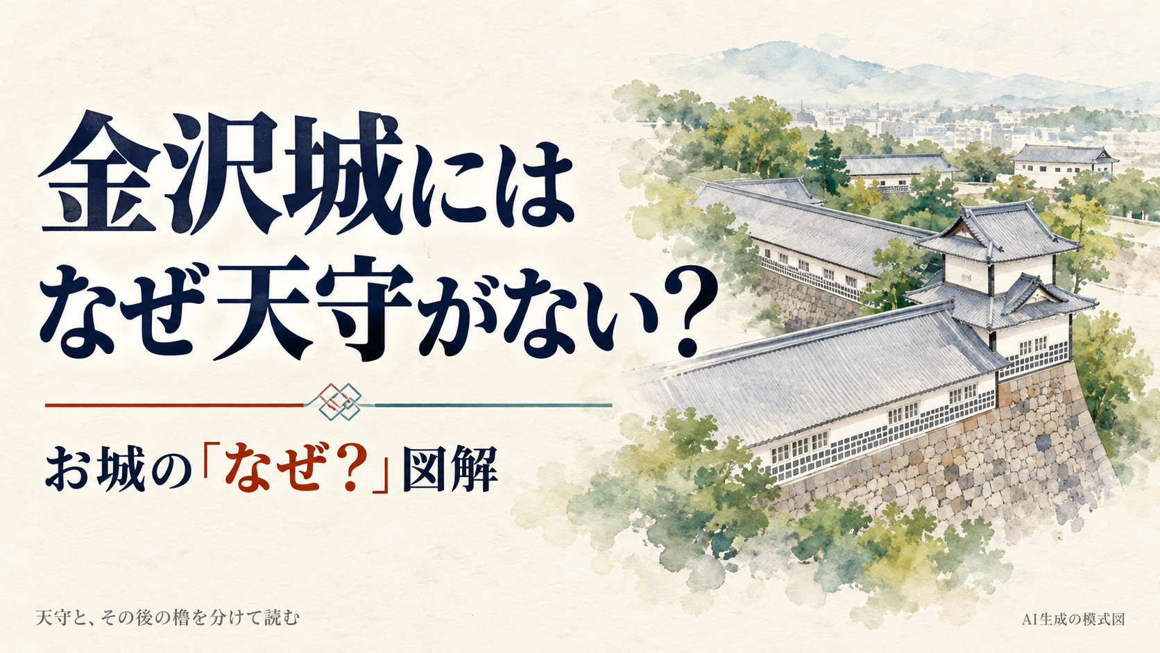 金沢城に天守がない理由を問い、白い櫓と長屋の一般的な姿を描いた表紙