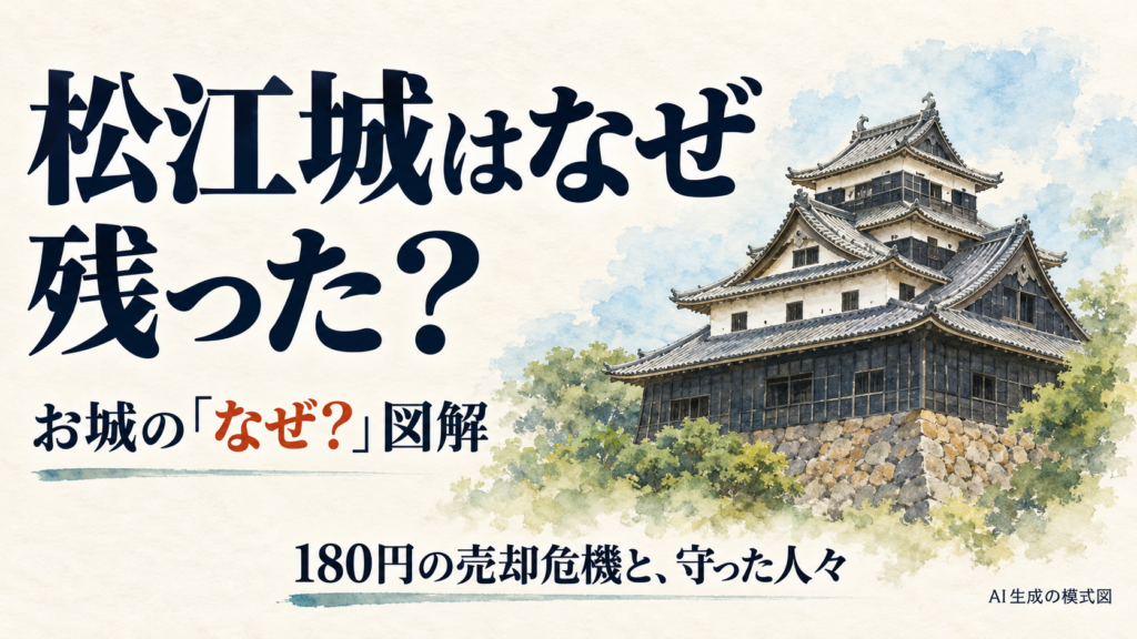 松江城の天守のイメージと、なぜ残ったかという問いを示す表紙