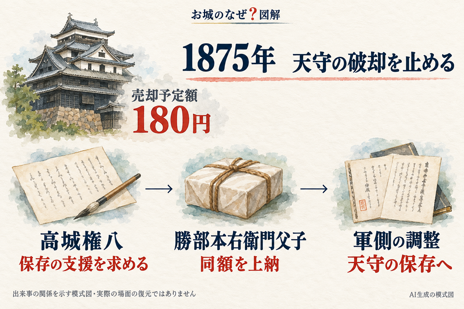 1875年の天守保存に向け、高城権八の支援要請、勝部本右衛門父子の上納、軍側の調整を順に示す図