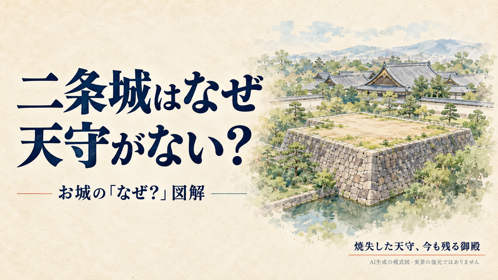 二条城はなぜ天守がないかを問う文字と、建物が載っていない石垣の台、低い御殿のイメージ