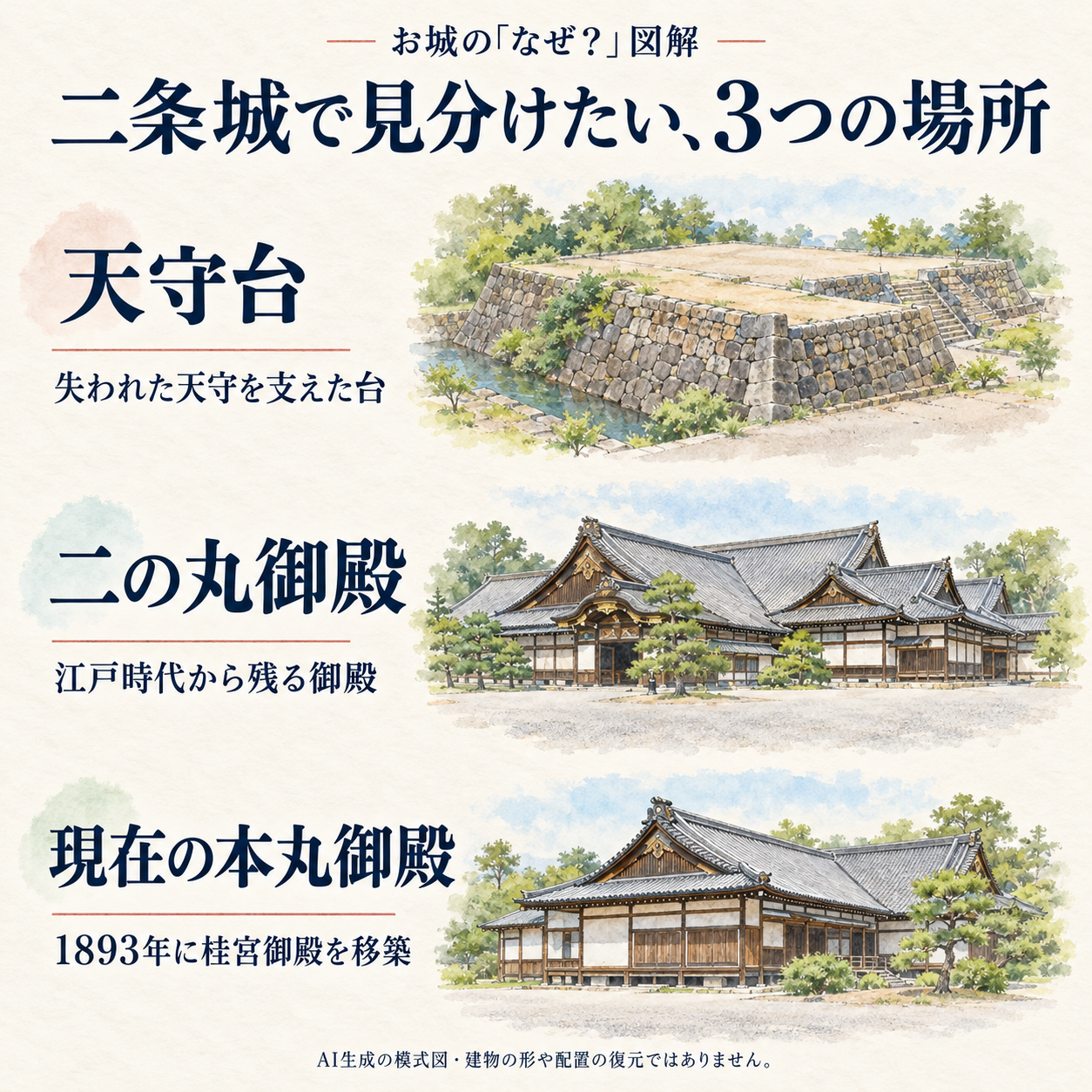 天守台は失われた天守を支えた台、二の丸御殿は江戸時代から残る御殿、現在の本丸御殿は1893年に桂宮御殿を移築したものと示す比較図