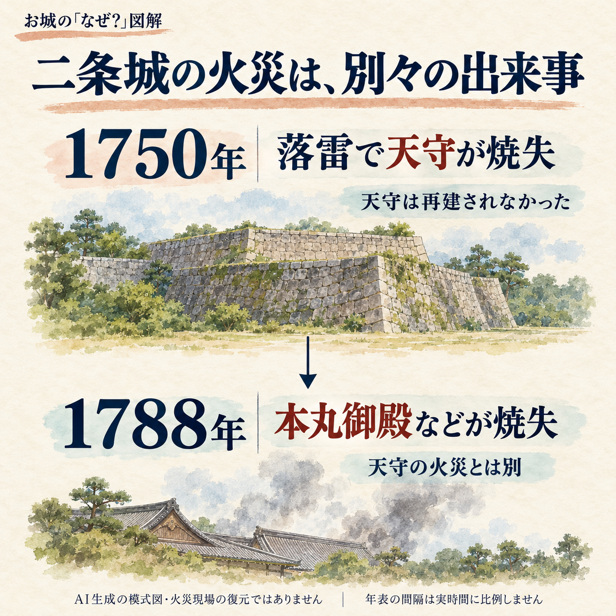 二条城で1750年に落雷で天守が焼失し、別の1788年には本丸御殿などが焼失した二つの出来事を比べる図