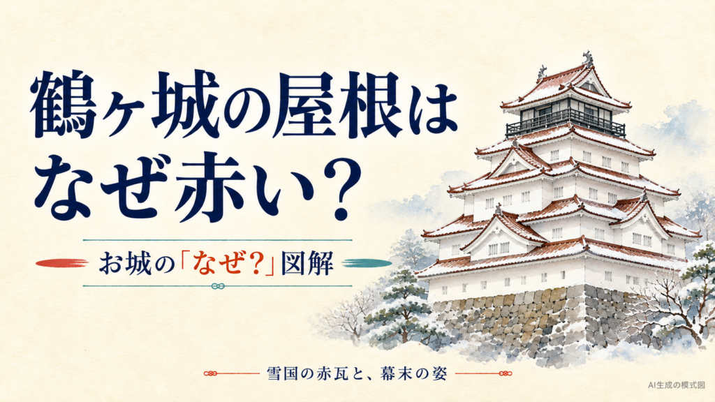 白い鶴ヶ城の天守と赤茶色の屋根を雪景色で示す模式図
