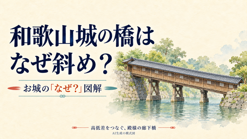 和歌山城の斜めに架かる屋根付き廊下橋を、高さの異なる岸とともに描いた表紙