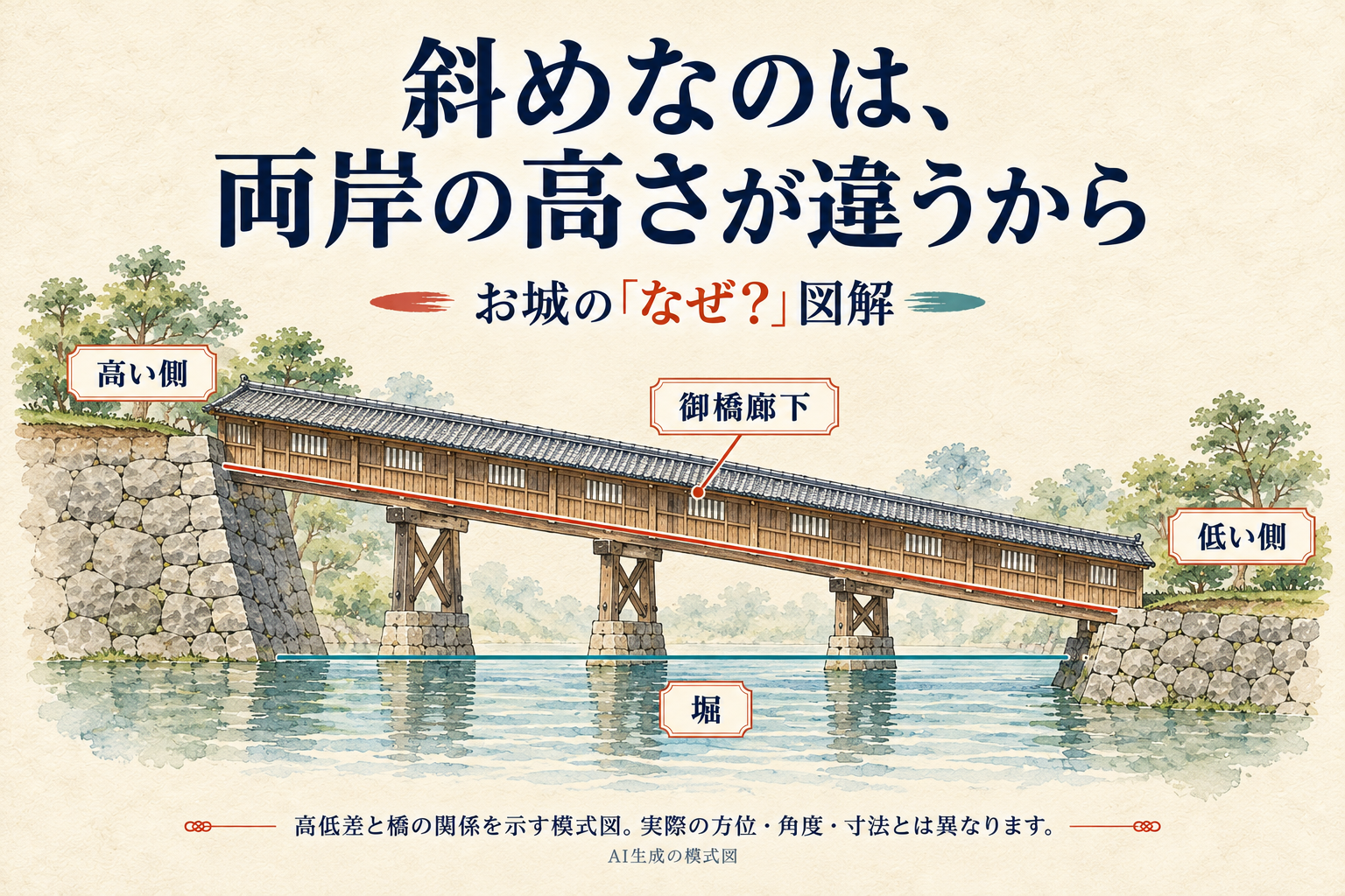 高い岸と低い岸を斜めの廊下橋がつなぎ、堀の水面が水平である関係を示す図